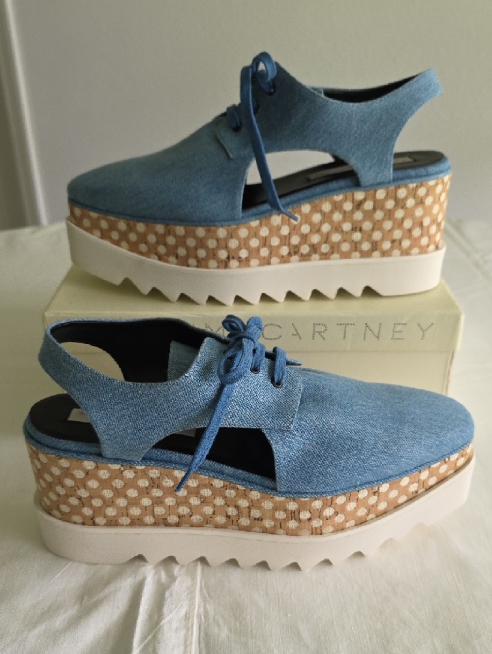 Stella McCartney Light Blue Canvas Slip-On with Brown Polka-Dot Wedge
